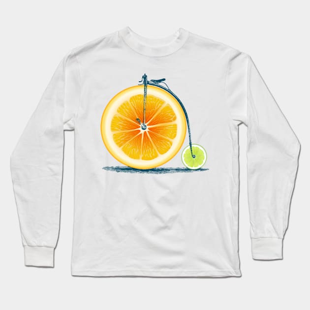 Vintage Orange Lime Bike with Retro Cycle Frame Look and Orange and Green Citrus Wheels, where you sit on Top of Orange Long Sleeve T-Shirt by Olloway